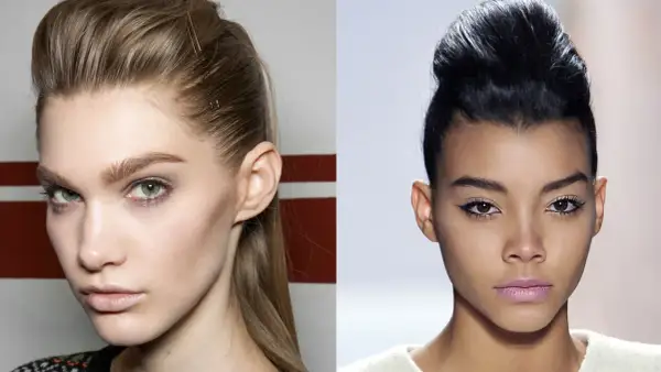 Deux mannequins arborent une coupe avec volume, l'une avec des épingles à cheveux dorées, l'autre avec un chignon haut.