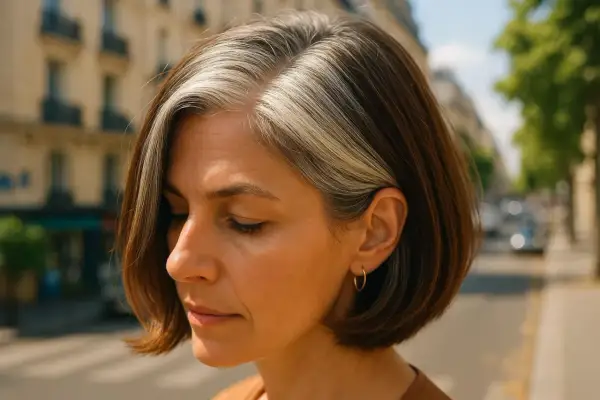 Une femme au regard doux, laissant pousser ses cheveux blancs, se promène dans une rue parisienne.