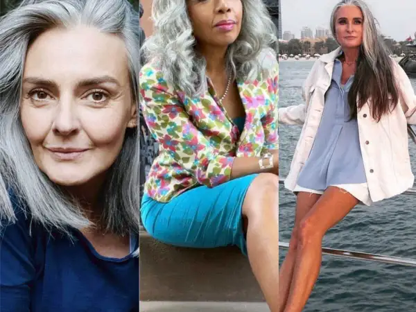Trois femmes élégantes arborent fièrement leurs cheveux longs gris naturels, un style qui traverse le temps.