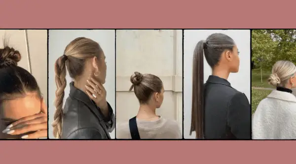 Cinq coiffures plaquées pour cheveux mi-longs : chignons, queues de cheval tressées et lisses.