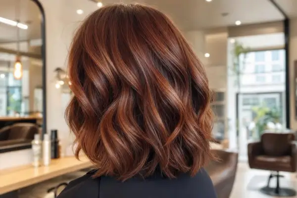 Chevelure ondulée aux reflets cuivrés, une transformation réussie de brune à rousse, mise en valeur dans un salon de coiffure moderne.