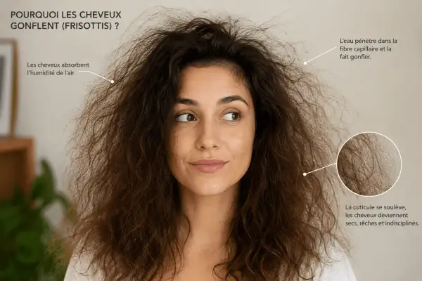 Une femme aux cheveux gonflés et indisciplinés, expliquant pourquoi mes cheveux gonflent à cause de l'humidité et de la cuticule soulevée.