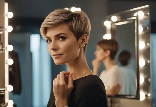 Une femme au regard confiant arbore une coupe pixie rasé, se préparant devant un miroir éclairé.