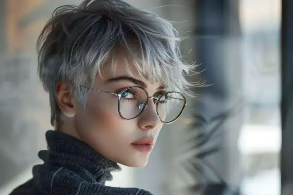 Jeune femme avec une coupe courte cheveux gris et lunettes rondes, regardant par-dessus son épaule.
