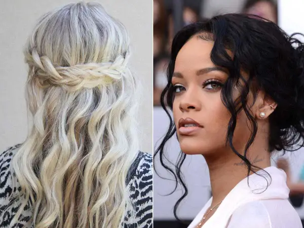 Une tresse sur des cheveux bouclés blonds, et Rihanna avec sa chevelure noire ondulée.