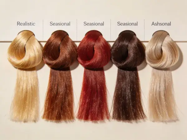 Échantillons de colorimétrie couleur cheveux : blond réaliste, roux saisonnier, rouge saisonnier, brun saisonnier, blond cendré.