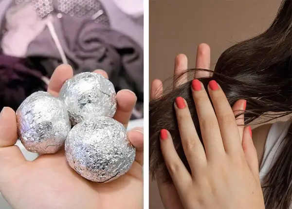Astuce pour enlever électricité statique cheveux : boules d'aluminium dans la sécheuse. Mains avec vernis corail caressant des cheveux bruns.