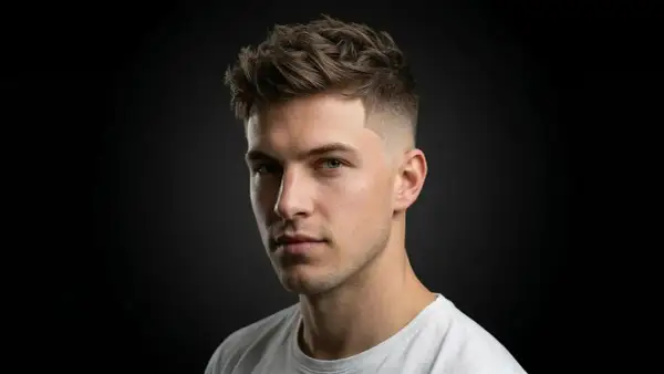 Un jeune homme au regard intense, arborant une coupe de cheveux moderne avec un dégradé inversé impeccable sur les côtés.