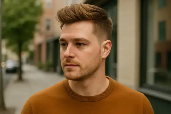 Un homme avec un quiff texturé, portant un pull marron, se tient dans une rue.