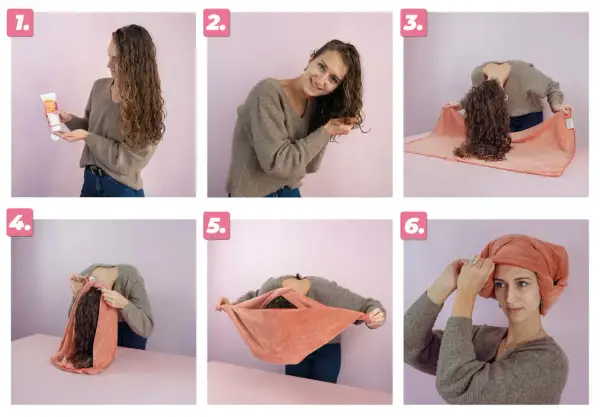 Étapes pour comment sécher ses cheveux bouclés avec une serviette : application de produit, scrunching, pose sur serviette, pliage, et turban.