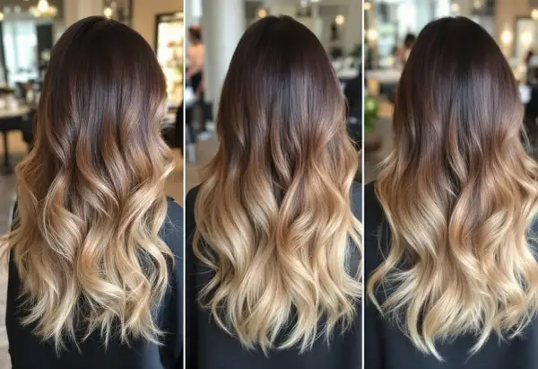 Chevelure brune aux pointes blondes, un magnifique balayage dégradé aux ondulations douces.