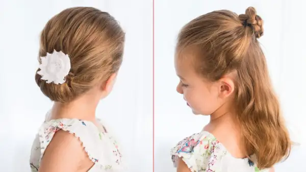Coiffure élégante pour une tresse enfant fille : un chignon bas orné d'une fleur blanche et une demi-queue tressée.
