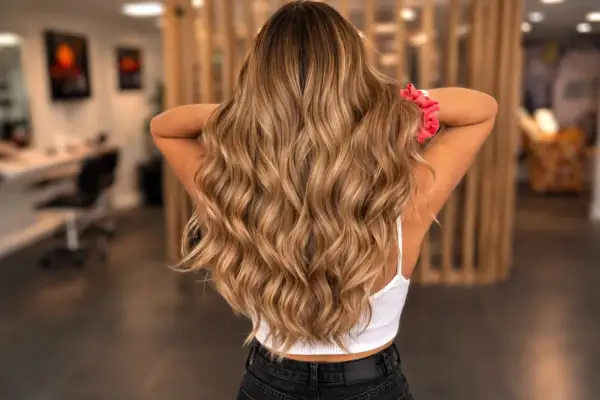 Chevelure longue et ondulée, aux reflets blonds subtils, parfaite pour éclaircir ses cheveux colorés. Un chouchou rose orne le poignet.