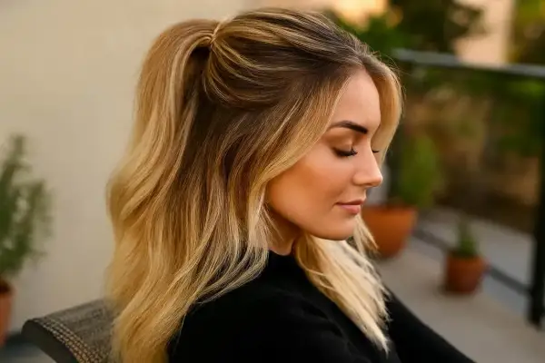 Une femme aux cheveux blonds dégradés, attachés en queue de cheval haute. Une inspiration pour savoir comment faire un balayage maison.
