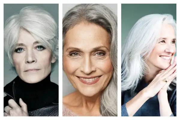 Trois femmes aux cheveux gris, dont une avec un carré dégradé, affichent leur beauté naturelle.