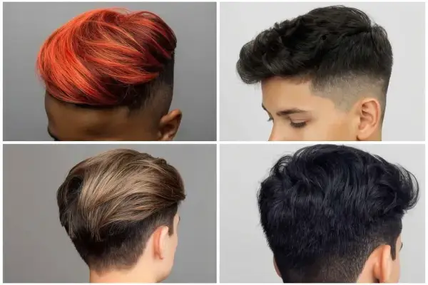 Quatre styles de coupe ado : cheveux roux dégradés, bruns ondulés, blonds et noirs.