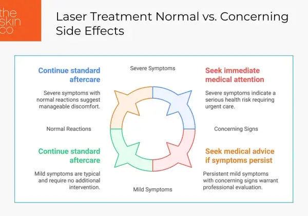 Schéma des effets secondaires de traitement laser : symptômes normaux vs. inquiétants. Pas de mention de Furterer Triphasic progressive.