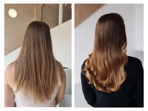 Avant/après : des mèches subtiles et lumineuses obtenues avec une coloration végétale.