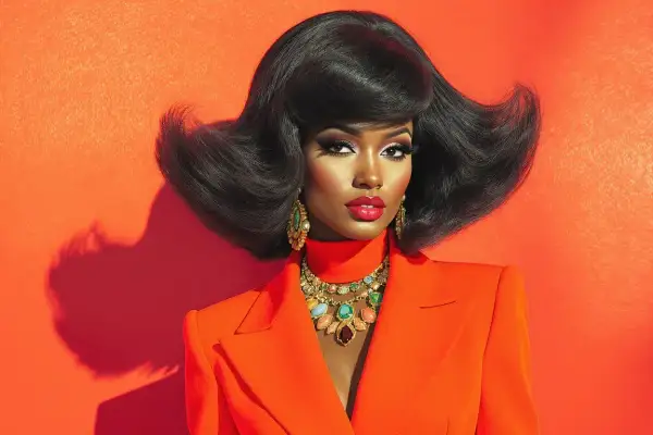 Une femme arbore une coiffure année 70 volumineuse et des bijoux éclatants, vêtue d'un blazer orange vif.