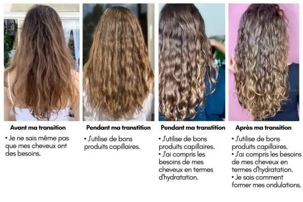 Cheveux avant, pendant et après une transition : des ondulations naturelles apparaissent après 1 mois sans lissage.